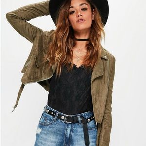 Misguided Khaki Faux Suede Biker Jacket
